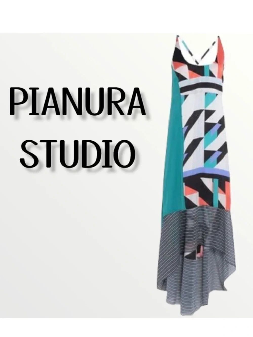 PIANURASTUDIO Silk Geometric Crossback High Low Maxi Dress L